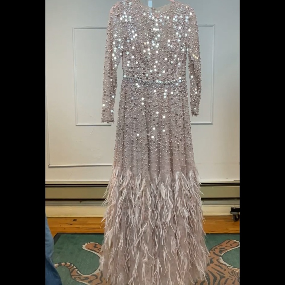 Mac Duggal Sequined Embellished FeatherTiered Gown